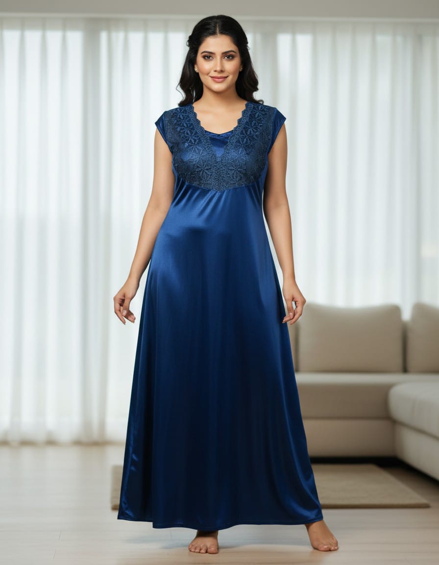 Women’s Satin Lace Nightgown – Full Length Sleepwear Dress